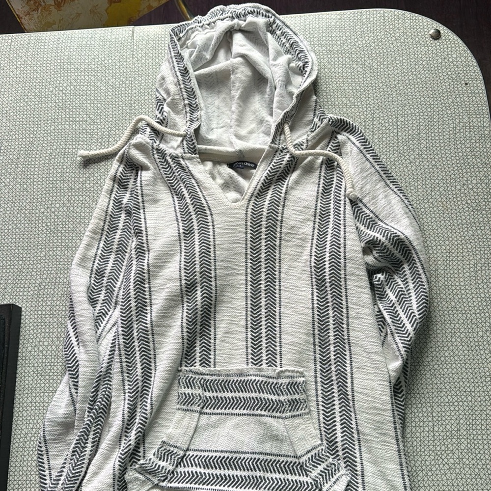 Hippie light sweatshirt with hood, gray, and white